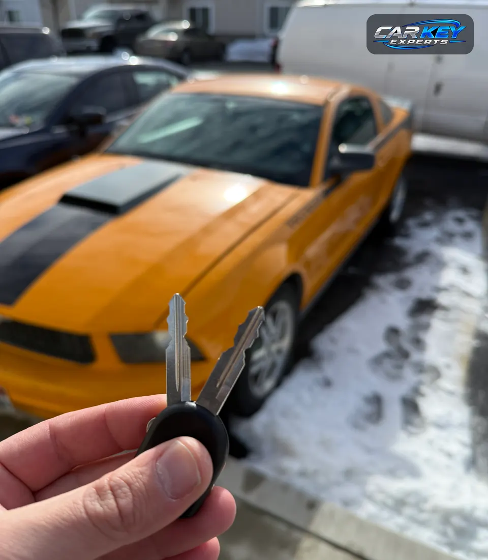 Two keys held up beside an orange Ford Mustang in a snowy parking lot in Nampa